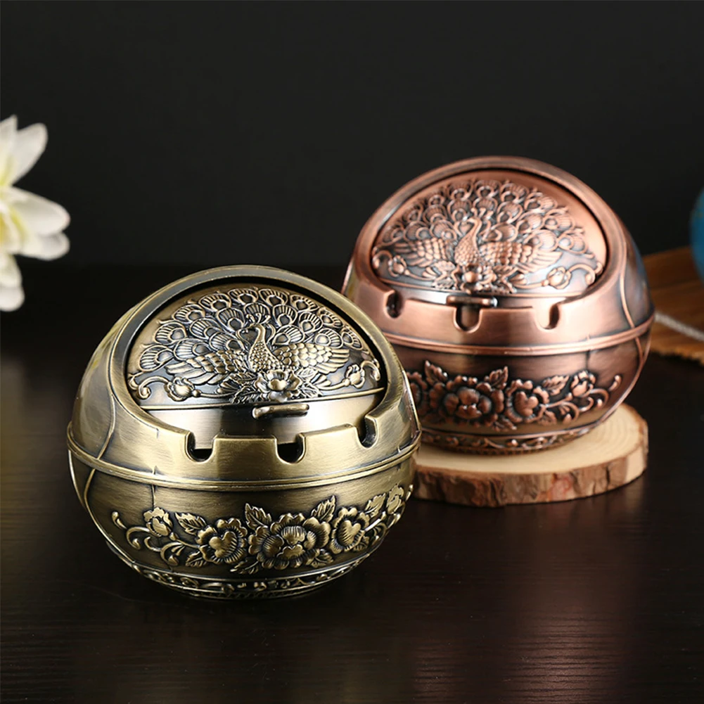 New Windproof Ashtray Vintage Zinc Alloy Intricate Pattern Globe Cigarette Ashtray Lid Tabletop Metal Instant Smokeless Ashtrays