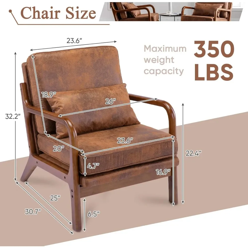 Comfy Solid Wood Arm Chair with Lumber Pillow Lounge Decorative Leather Office Side Chair Bedroom Reading Microfiber