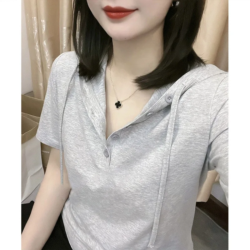 Pure Cotton Short Sleeve Hoodie Overhead Top Women's Fashion Sun Protection Clothing Commute Style Regular Sleeve Length