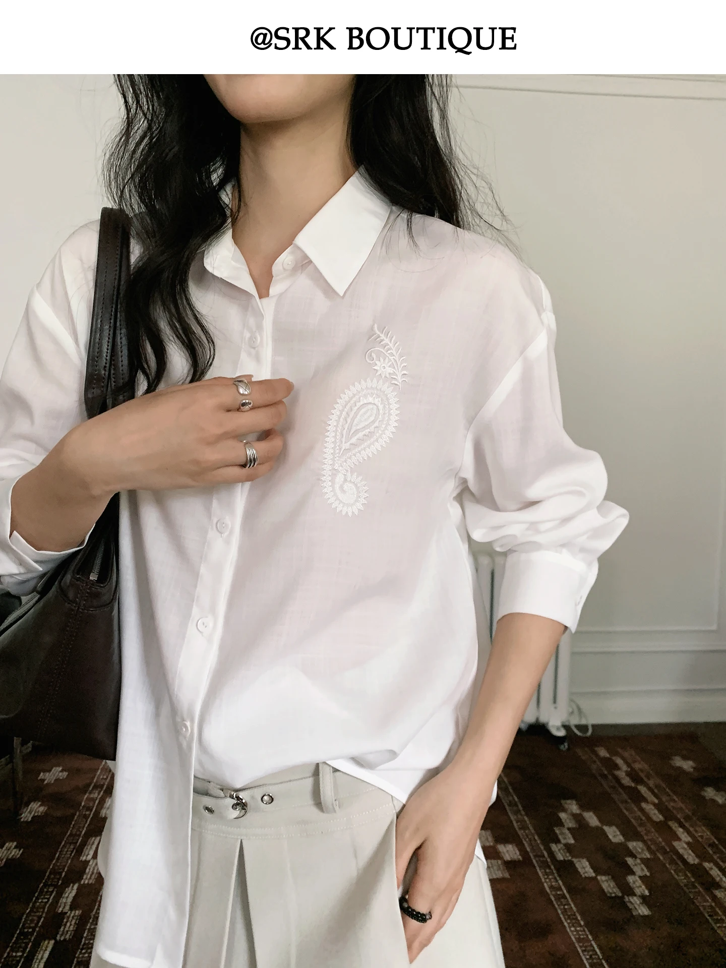 

SRK Embroidered Casual Loose Long Sve irt Slimming Multiwear Autumn Winter Offwhite Faionable Women's French Sle irt