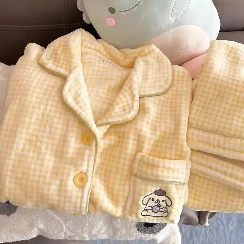 

Hello Kitty Women Pajamas Coral Fleece Loungewear Red Autumn Winter Fleece Lined Sweet Thickened Kawaii Sanrio Nightwear Set