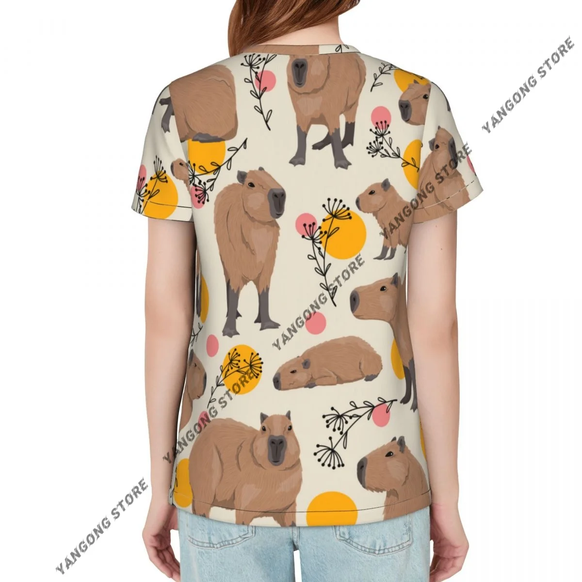 Women's T-shirt ladies casual Capybaras Plants And Circles female T-shirt short-sleeved T-shirt summer thin tops