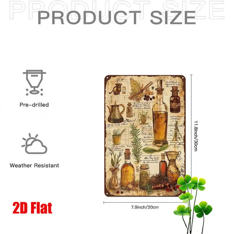 2D Flat 1pc, Vintage Herbal Apothecary Metal Wall Art – Rustic Kitchen Decor with Botanical And Spirit Bottles Design 20X30
