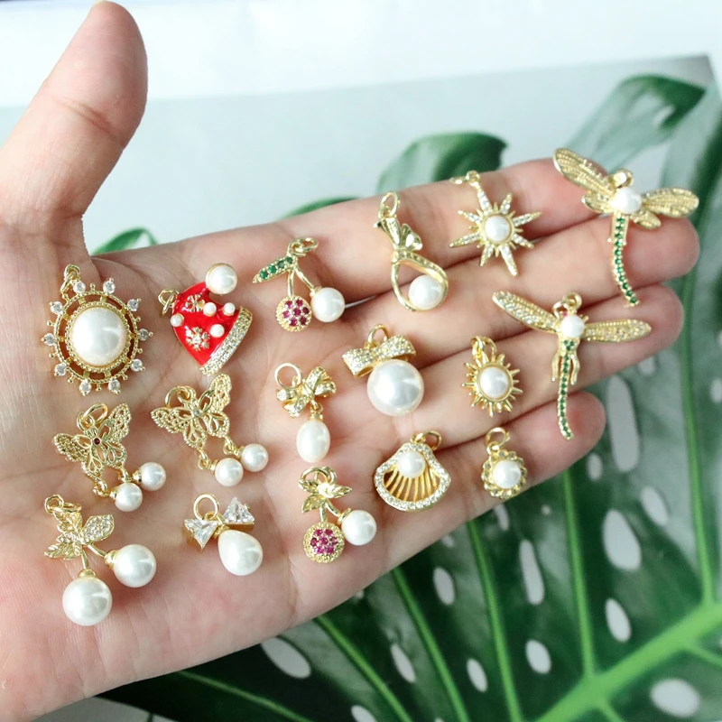 

10Pcs/18K Gold inlaid Zircon Pearl Pendant Accessory Bow Hollow Tassel Pendant DIY Bracelet Necklace Jewelry Making