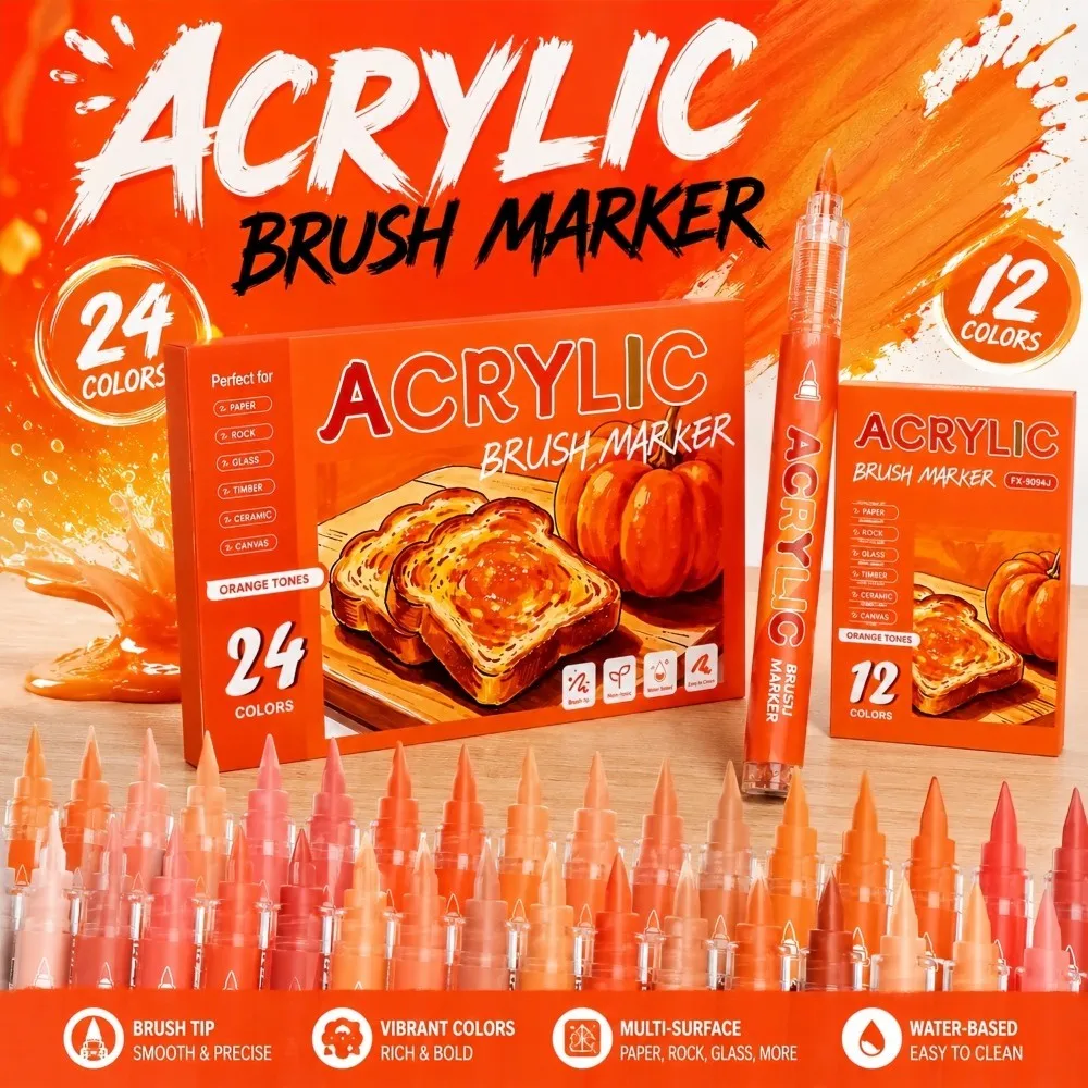 12/24 Colors Acrylic Brush Markers Series Set Paint Pens for Rock Glass Wood Ceramic Canvas Balloon Paper DIY Art Craft Supplies