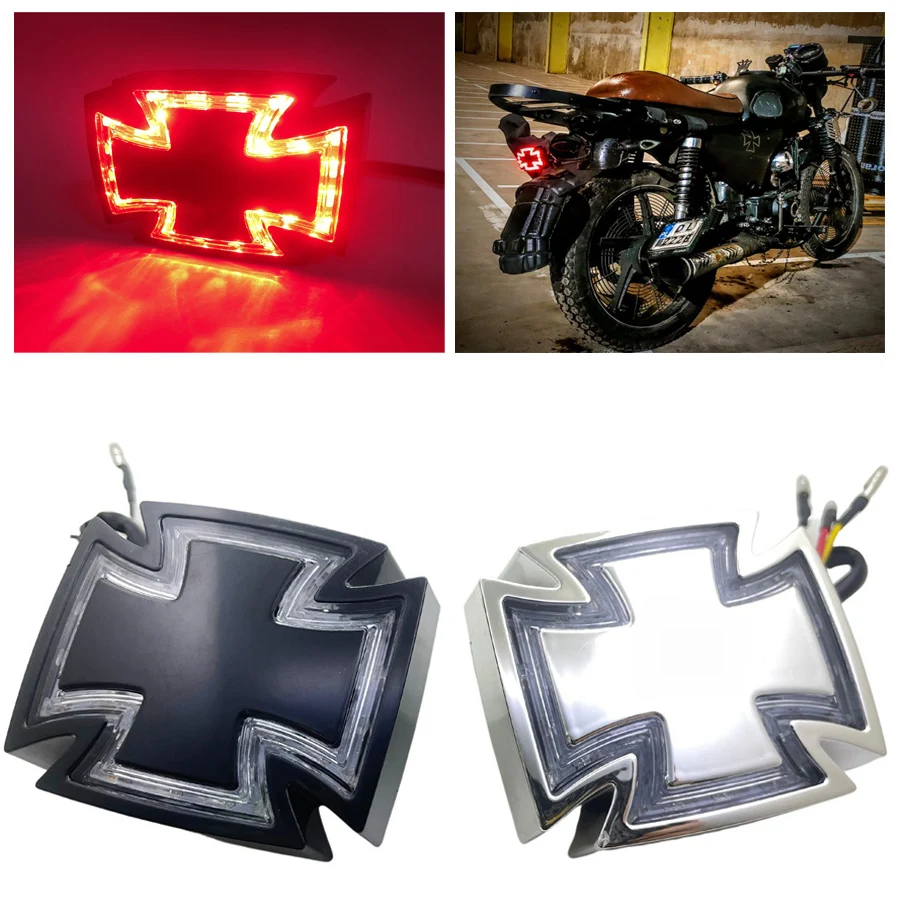 For Yamaha Suzuki Kawasaki Choppers 1PC Universal Maltese Cross LED Motorcycle Rear Tail Light ATV Scooter Retro Running Lamp