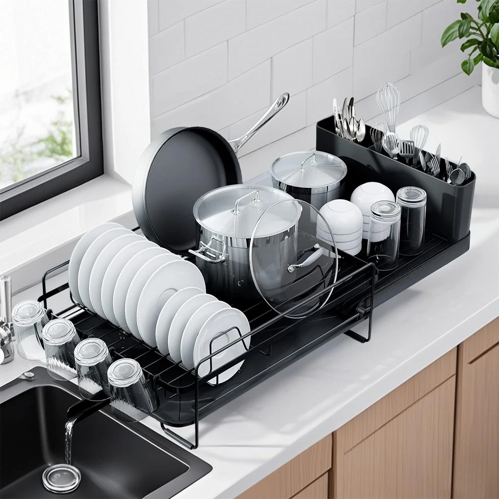 Dish Drainer Rack - Extendable Dish Drainer, Multifunctional Anti-Rust Dish Rack for Kitchen Counter, with Cutlery & Cup Holders