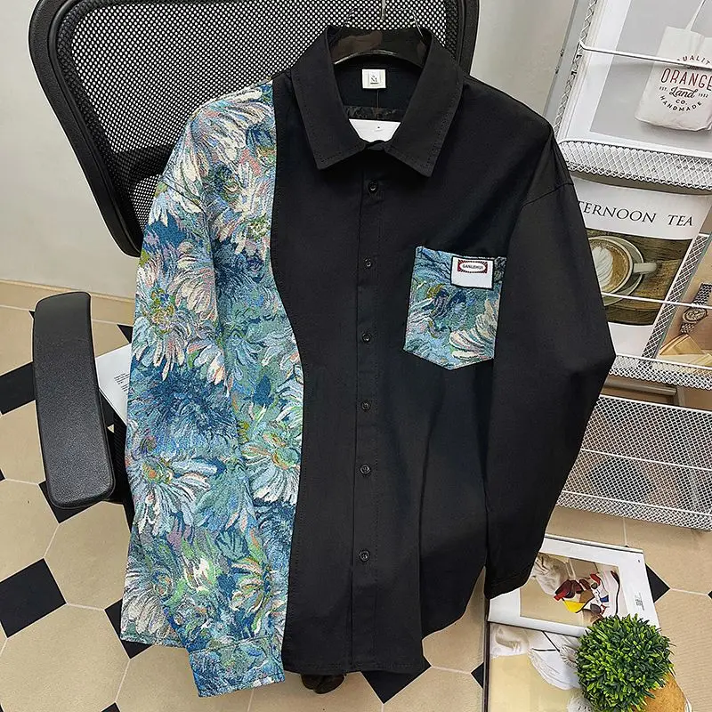 Camisa de retazos de flores para hombres y mujeres, abrigo de gran tamaño para amantes, primavera y otoño, calle frita, China, Chic, nuevo, 2023