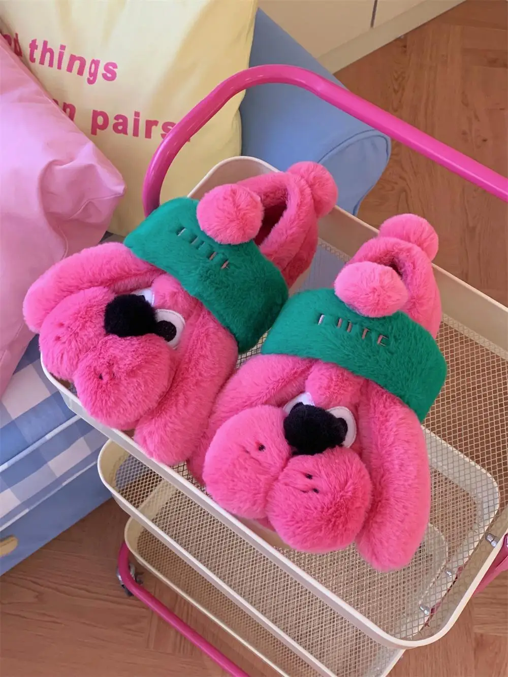 Delicate And Creative Rose Red Dog Cotton Slippers For Women's Winter Home Slippers Warmth And Anti Slip Woolen Shoes Indoor