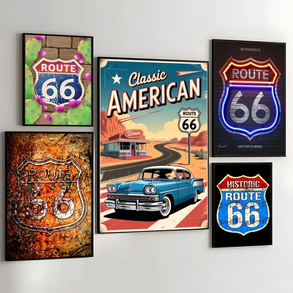 Route 66 Neon Sign Painting Calligraphy Self Adhesive Wall Art Waterproof Print For Bedroom Living Room Hallway Home Decor