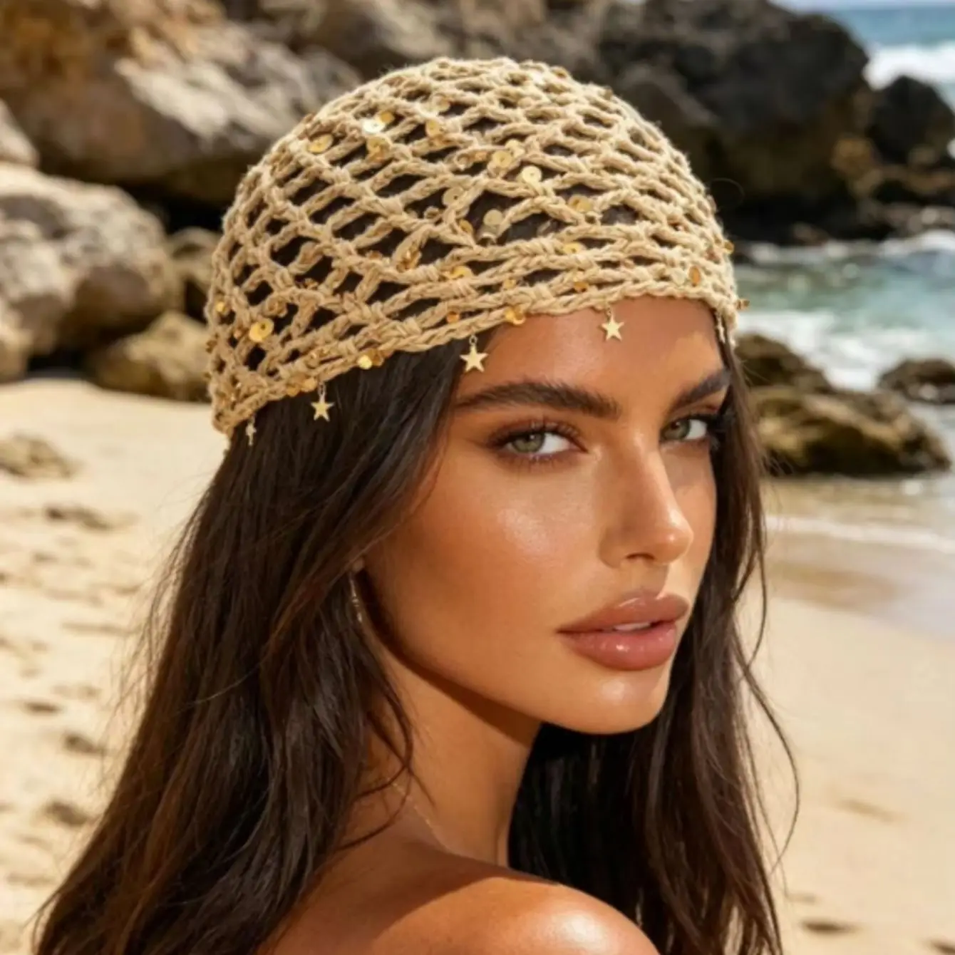 1pcs Sequin Star Beanie Hand-knitted Lace Thin Breathable Versatile Head Wrap Knit Hat