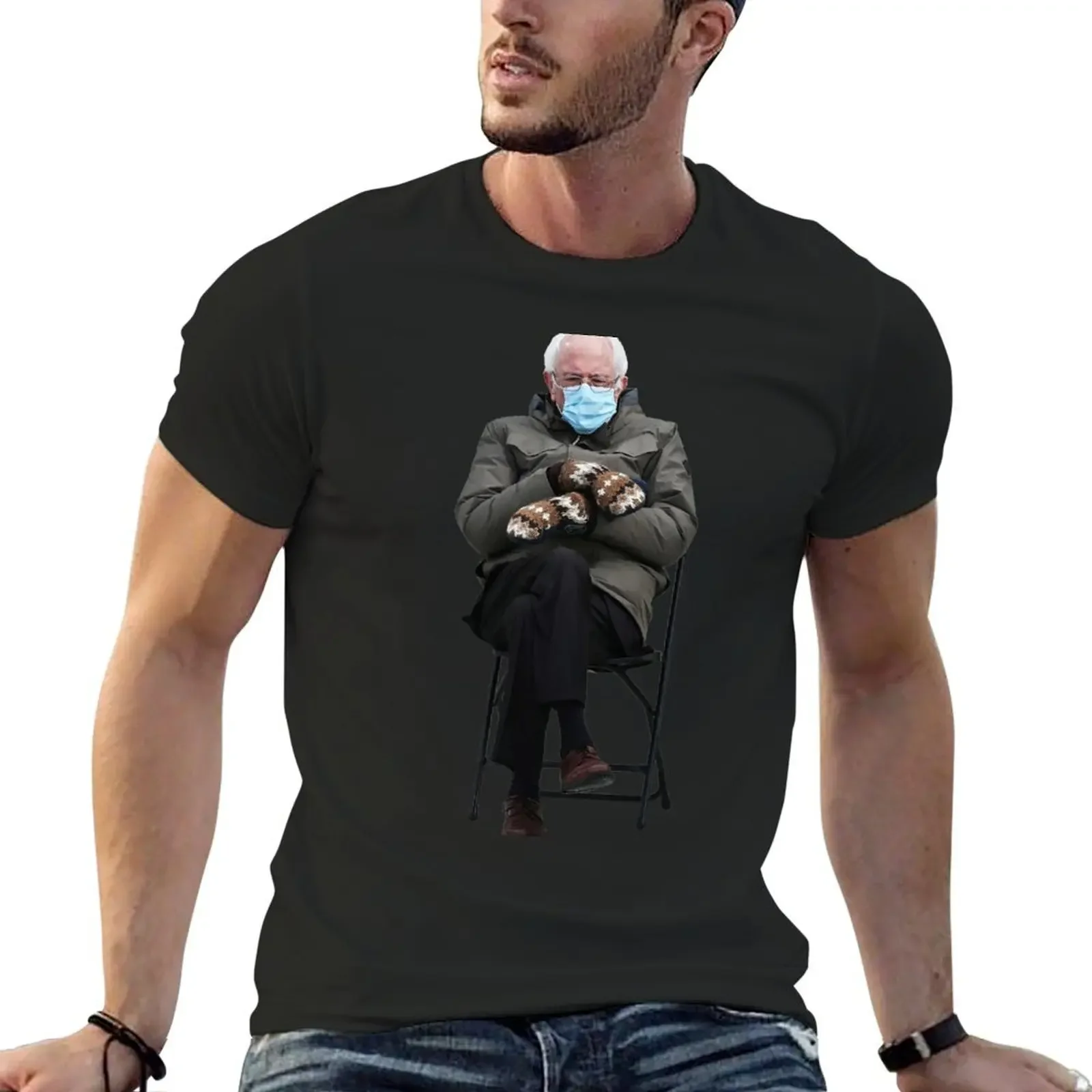 Bernie Sanders with Mittens and Foldable Chair T-Shirt korean fashion blue archive t shirts for men