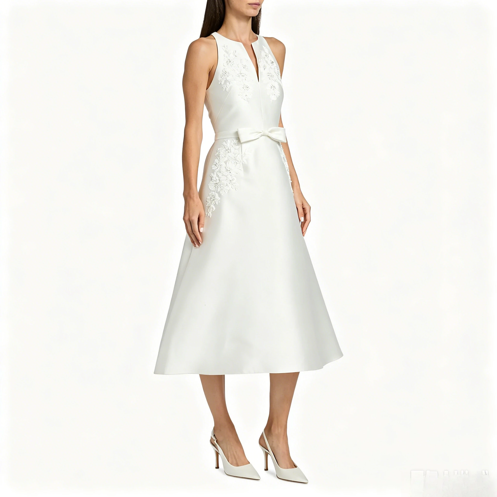 Customized Elegant Minimalist White Satin Midi Cocktail Dress Featuring Sleeveless Halter Keyhole Vertical Floral Lace Appliqués