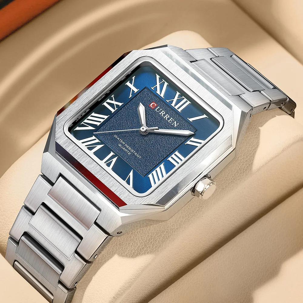 CURREN 8482 Quartz Watch Minimalist Square Waterproof Luminous Quartz Watch, Roman Numeral Fashion Steel-strap Wristwatch