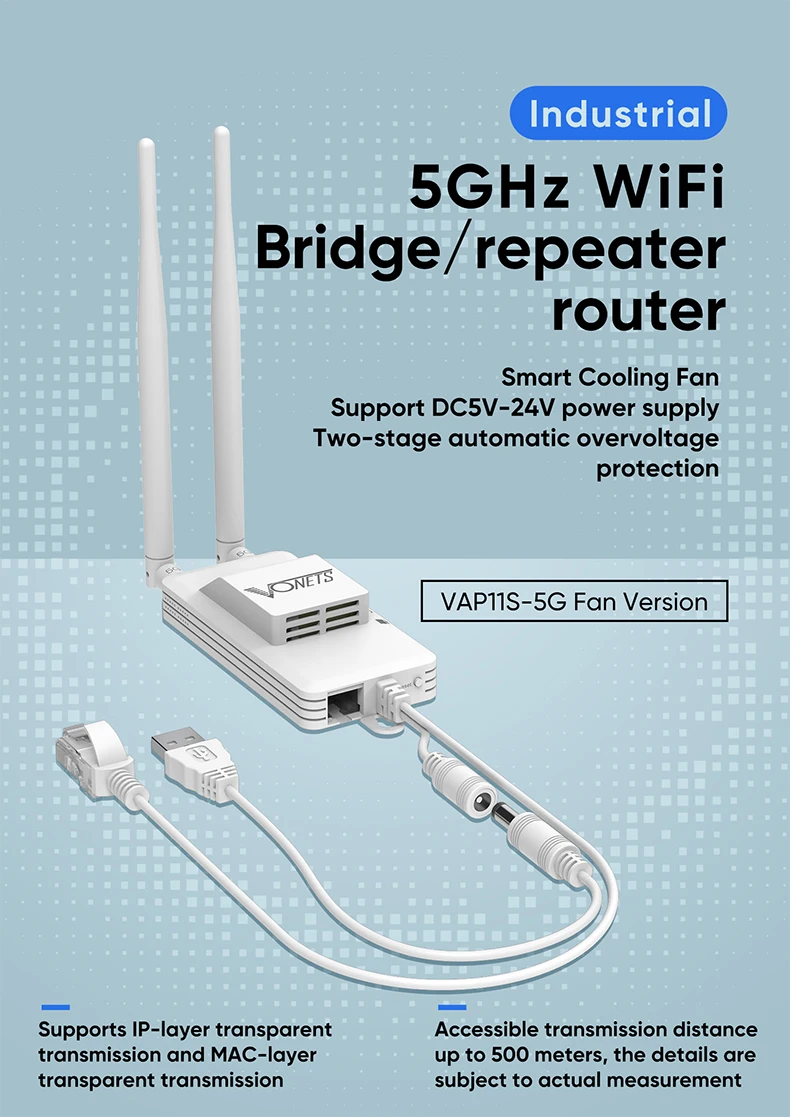 VONETS 5GHz WiFi Bridge Ethernet to WiFi Adapter Repeater Router for DVR PLC IP Camera Monitor Network Devices VAP11S-5G-fan