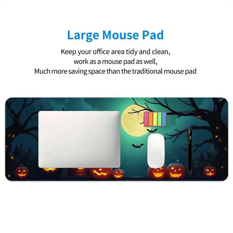 قطعة واحدة من لوحة الماوس الممتدة للهالوين جاك أو فانوس والقمر الكامل مع خفافيش، طباعة عالية الدقة، حصيرة مكتبية ذات سطح أملس مضادة للانزلاق للألعاب، #5