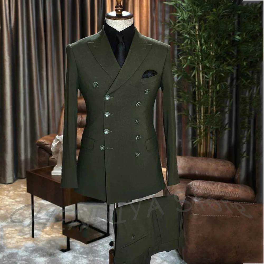 

Dark Green Peaked Lapel Full Men's Suit Classic Double Breasted Two Pieces Formal Outfit Jacket Pants Groom Wedding Suit