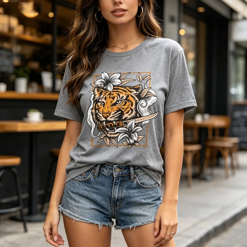 Vintage Tiger Floral Graphic T Shirt Men Women Cotton Short Sleeve Casual Streetwear Top  Y2k Top Oversized T Shirt