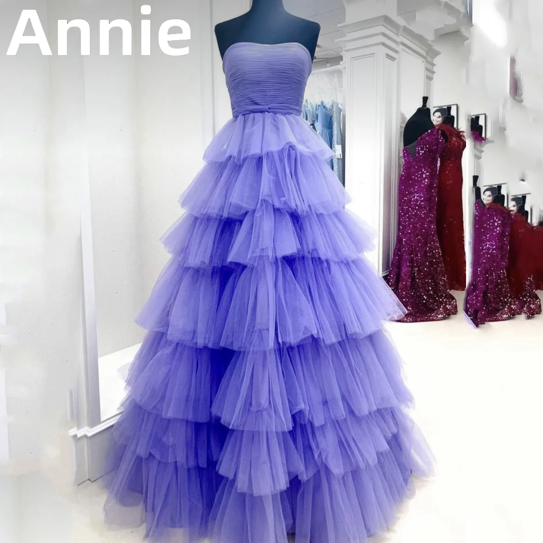 

Annie Sexy Strapless Prom Dress Vestidos De Noche Purple Tulle Multi-layer Evening Dress Formal Occasion Party Dress