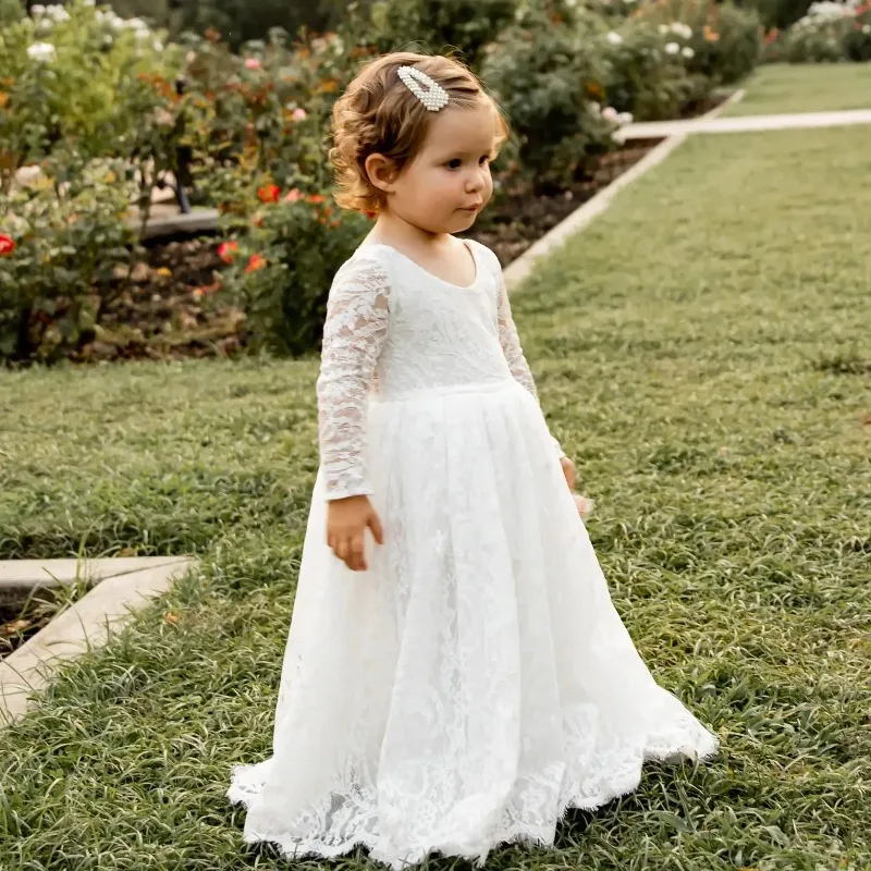 Elfenbein Spitze Blumen mädchen Kleid A-Linie v zurück lange Ärmel Baby Mädchen Prinzessin Hochzeit Geburtstags feier Erstkommunion Kleid