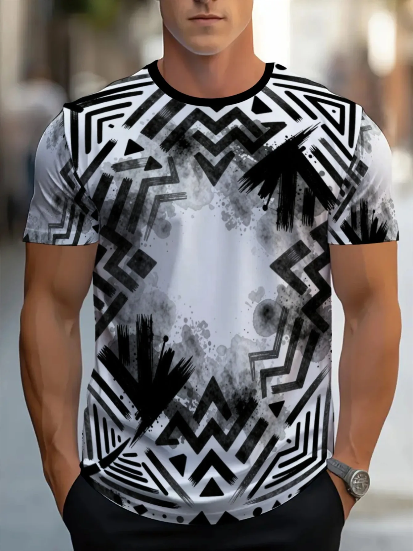 Men Black White Chevron Geometric Ink Splash Print Crew Neck Short Sleeve Tee