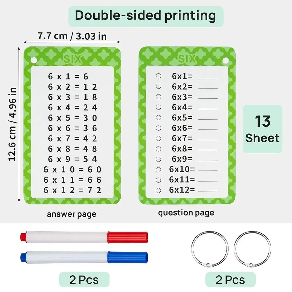 Cartas de multiplicación de 13 piezas, Flashcards de matemáticas con 2 marcadores de borrado en seco, tabla de multiplicación