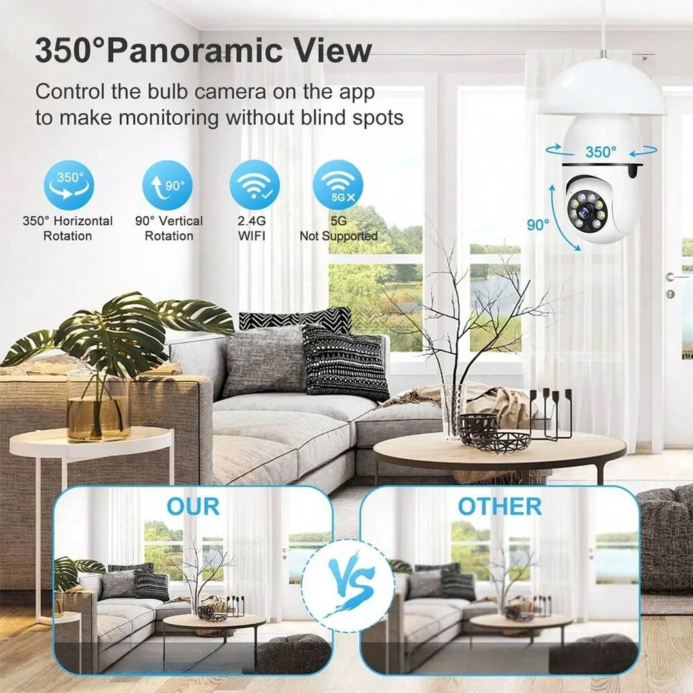E27 2.4GWiFi IP Camera Bulb Cam Wireless Baby Monitor AI Tracking Security Video Surveillance Pet Cam 360° View Motion Detection