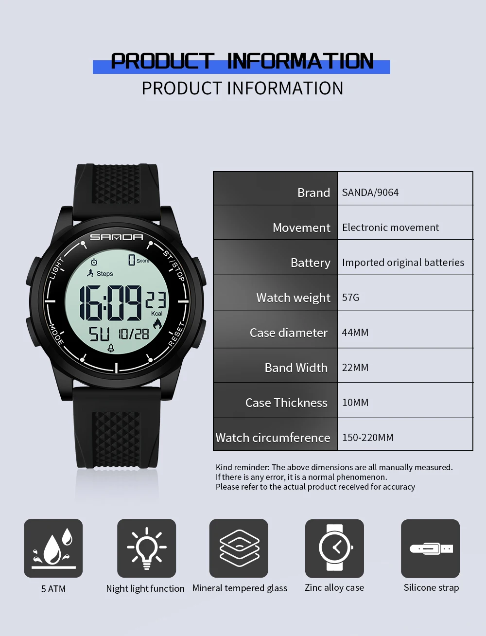 SANDA جديد 9064 المألوف طالب السعرات الحرارية متر خطوة ساعة إلكترونية متعددة الوظائف إضاءة مقاومة للماء ساعة إلكترونية للرجال