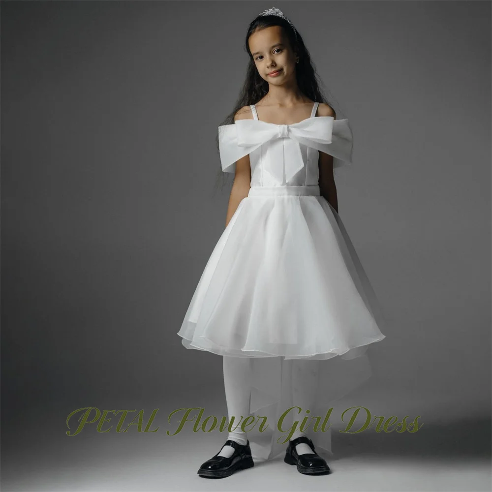 Petal Ivory White Kids Birthday Party Dress Spaghetti Straps Pageant Dress for Girl with Statement Bow First Communion Gown