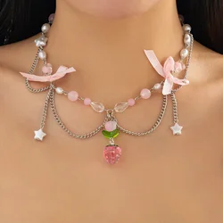 Sweet Style Women's Neck Chain Wholesale Pearl Pendant Woman Choker Aesthetic Necklaces Little Fresh Necklace Strawberry Jewelry