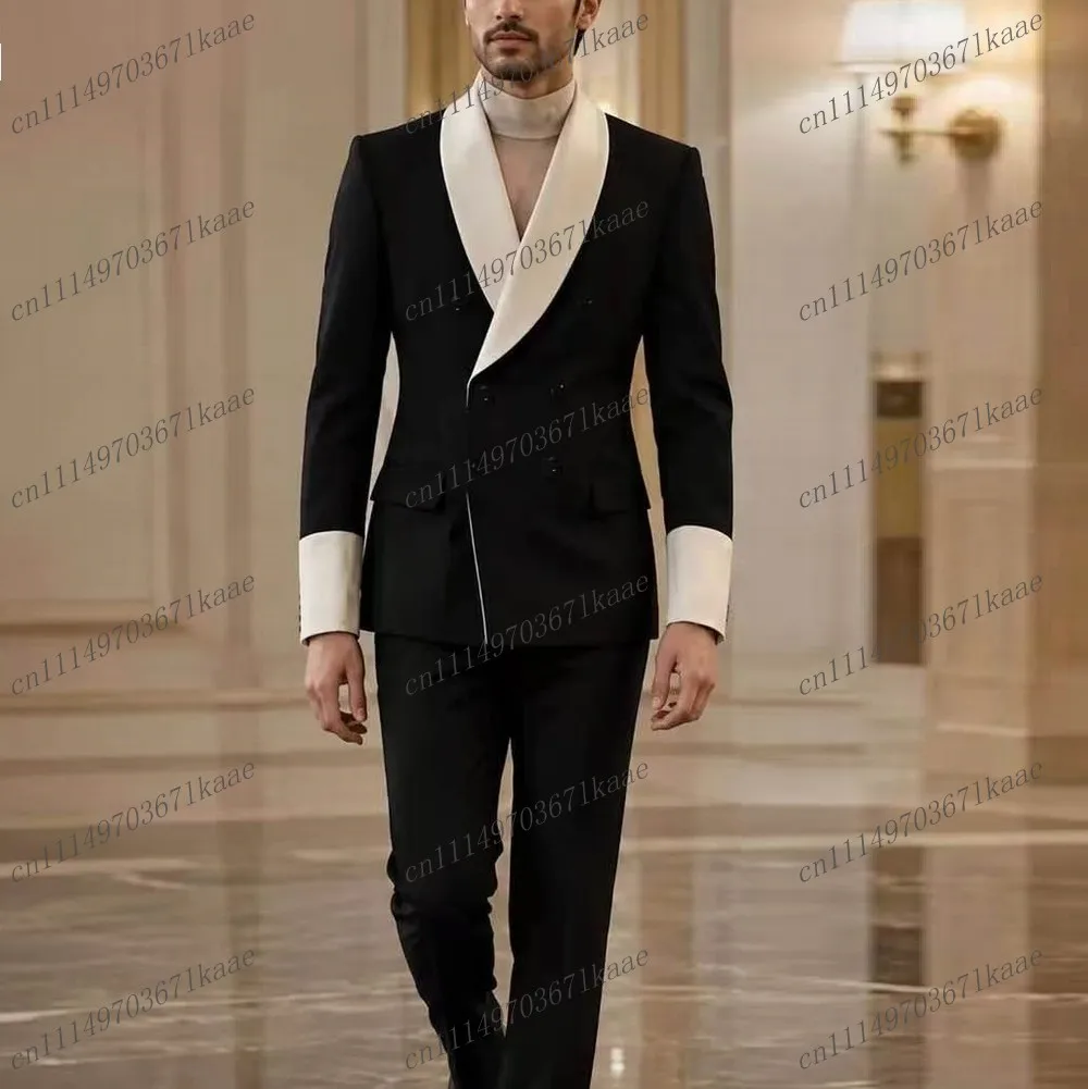 White Collar Black Formal Occasion Men Suit Wedding Party Groom Groomsman Male Tuxedos Costume 2 Piece Set Jacket Pants A1