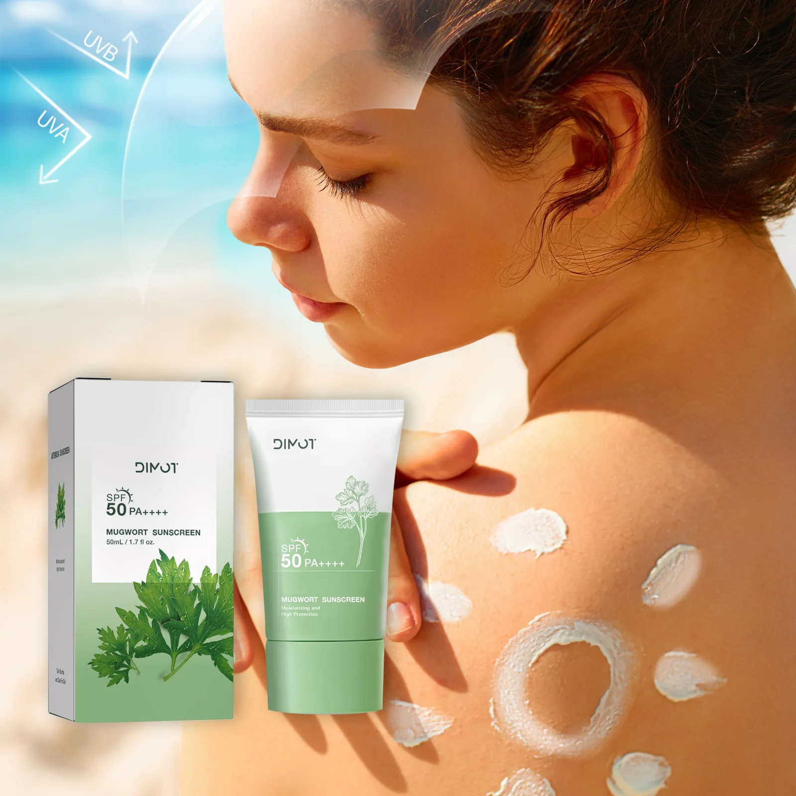 

Солнцезащитный крем DIMOT Mugwort SPF50+ PA++++ 50 мл Высокая защита лица и тела — ежедневное использование, на открытом воздухе, для путешествий, для чувствительной кожи.