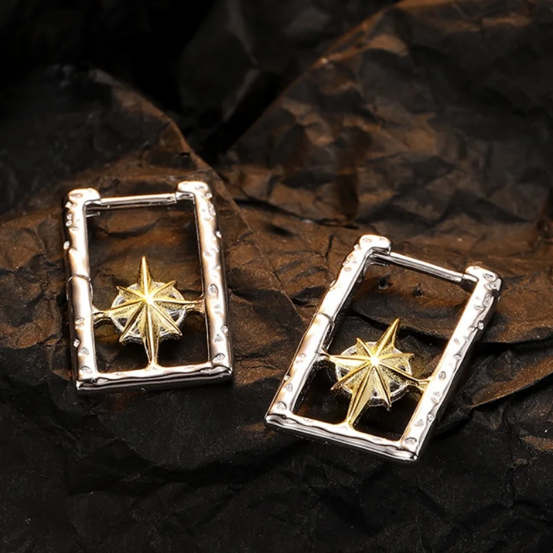 S925 Sterling Silver Earrings for Women New Fashion Hollow Contrast Colors Eight Pointed Star Ear Studs Jewelry Christmas Gift