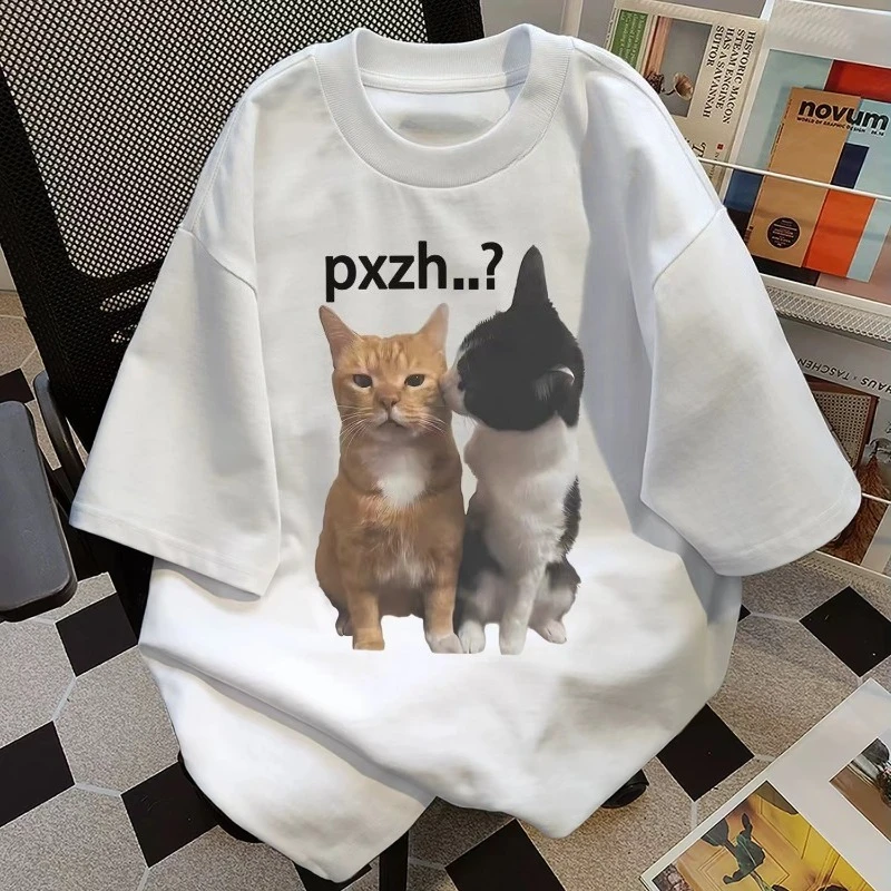 جديد اثنين القطط الصيف الرجال المرأة تي شيرت الربيع والخريف زوجين شخصية الاتجاه فضفاض عادية كم قصير #2