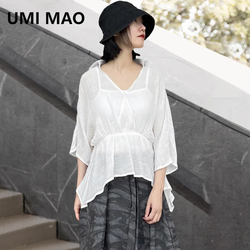 

UMI MAO Silk Linen Top Personalized Solid Color Versatile Lazy Top Spring Summer Slimming T-Shirt Two Colors Shirt Women