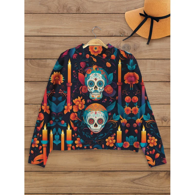 

Halloween Floral Skull Pattern Digital Print Women Sweater Knit Pullover Warm Soft Loose Crew Neck Long Sleeve Autumn Winter