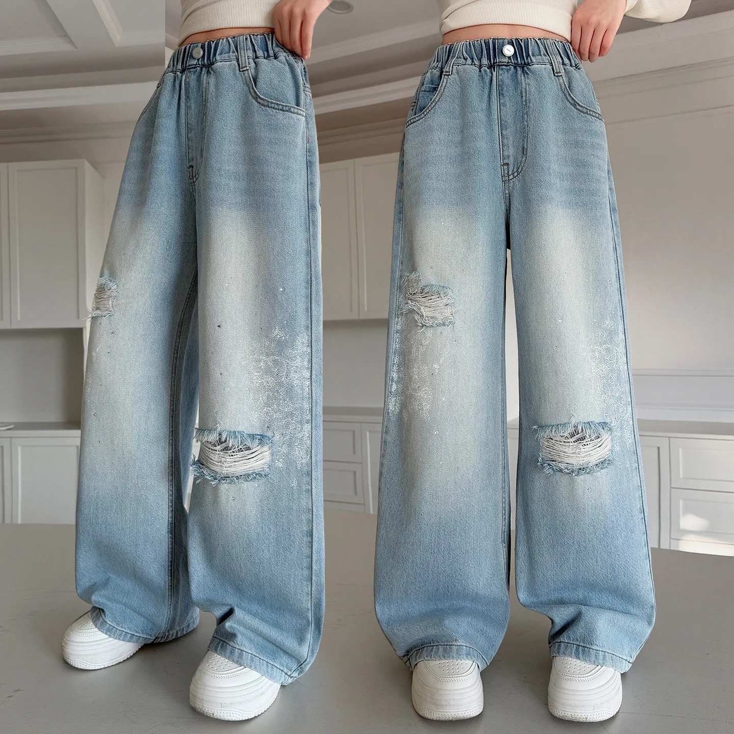 Children Loose Straight Ripped Jeans with Holes for Girls Fashion Broken Straight Leg Denim Pants Kids Spring Destroy Trousers
