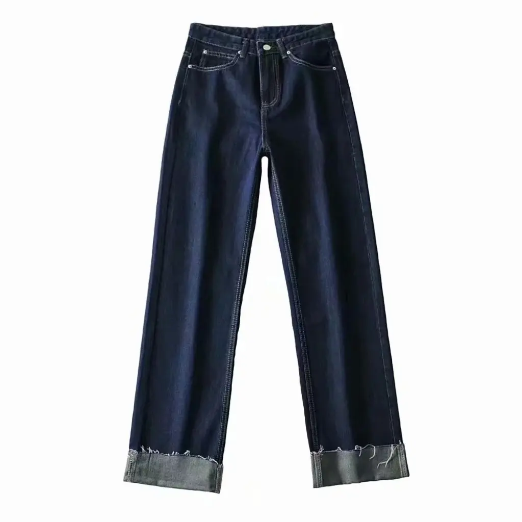 Vaqueros rectos de cintura alta para mujer, Top prensado de color azul oscuro, pantalones ajustados de pierna ancha a la moda, estilo europeo americano, combina con todo