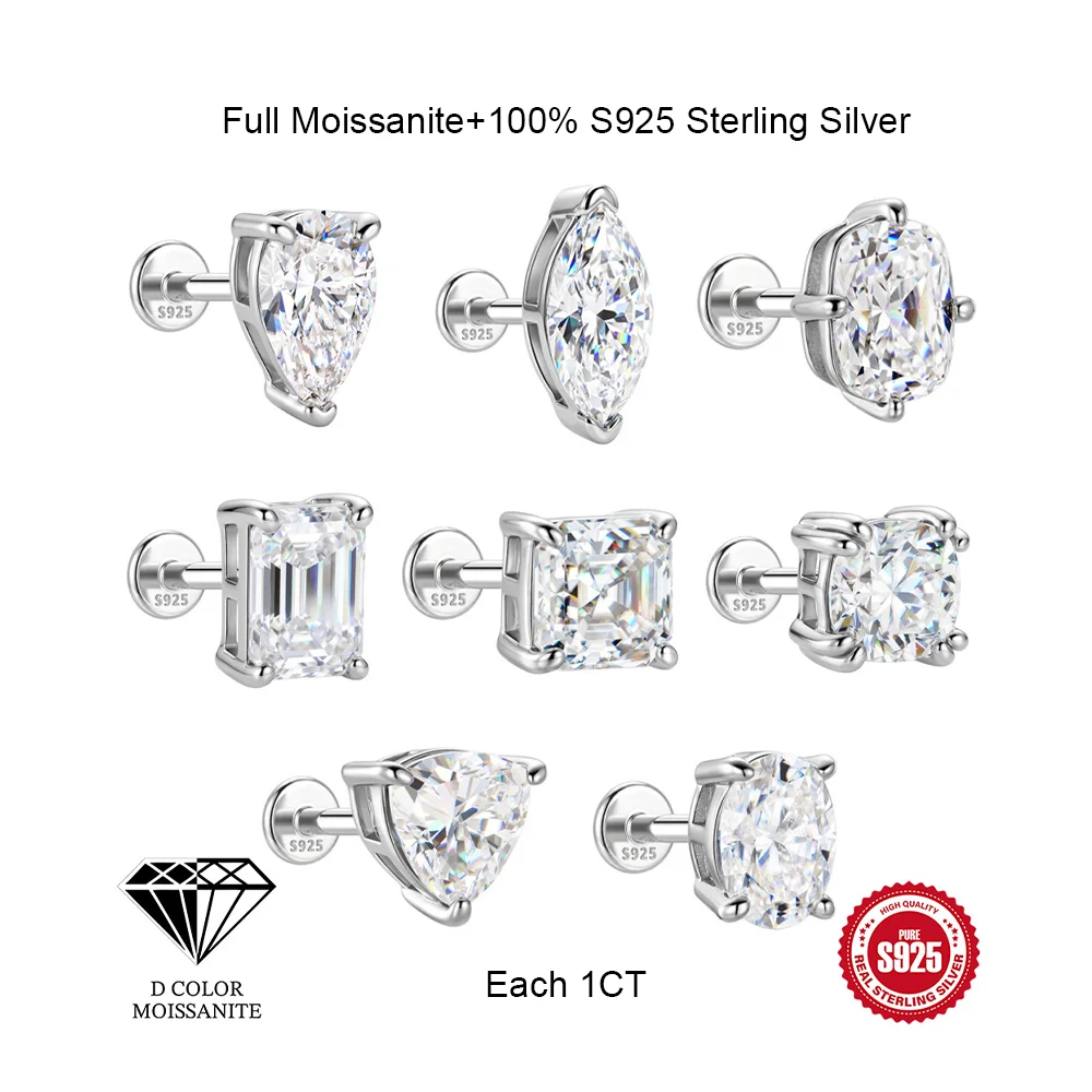 OEVAS D Color 1CT Moissanite Screw Earring for Women S925 Silver Muti Cut Lab Diamond Flat Back Piercing Stud Party Fine Jewelry