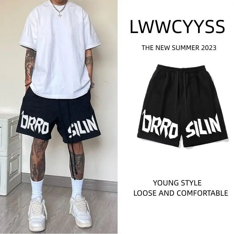 

Модные брендовые шорты, мужские летние шикарные американские уличные свободные широкие прямые брюки с завязками, спортивные брюки с пятью точками