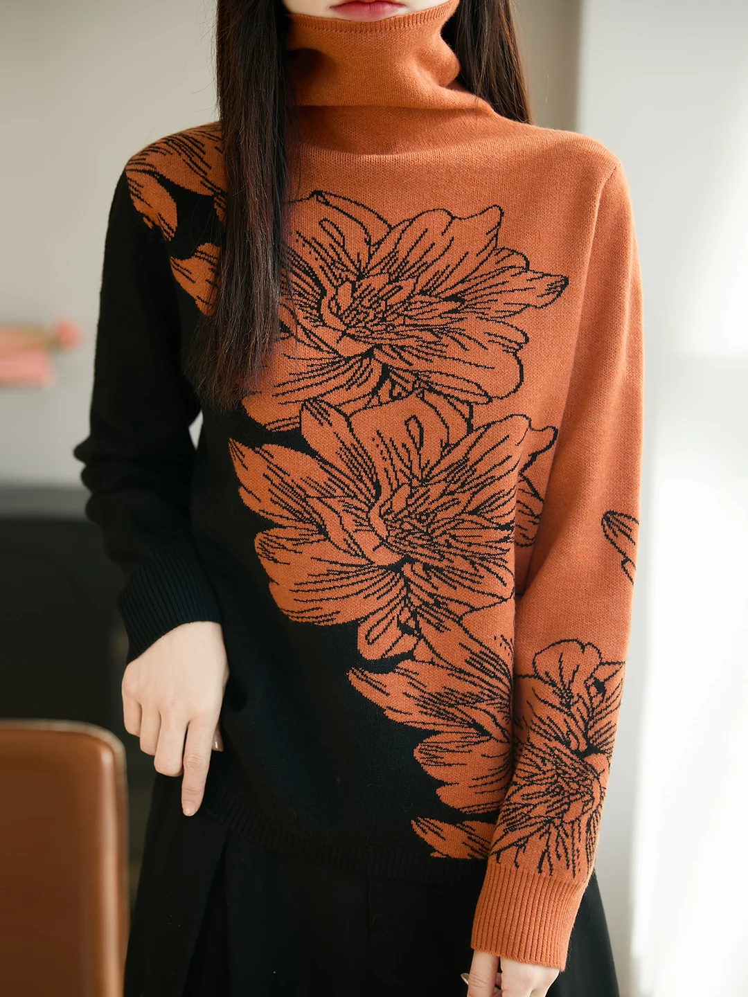 

High-End Color Blo Knitted Sweater Women's High Collar Thiened Warm Turtlene Base irt French Sle Loose Fit Soft Pol...