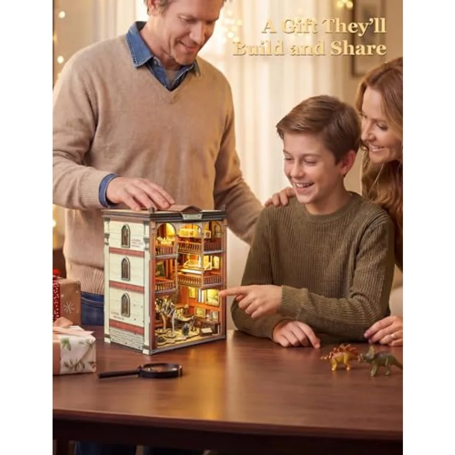 Book Nook Kit for Adults, Mini Dinosaur Fossil Museum DIY 3D Wooden Puzzle, Tiny House Craft Kit with LED Light, Exploratory Di