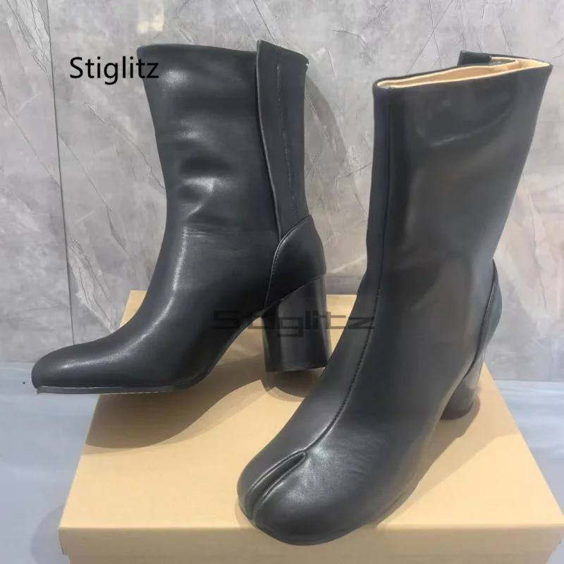 Genuine Leather Tabi Boots for Men Women Split Toe Shoes Round Chunky High Heels Ankle Boots Luxury Design Autumn Winter Shoes