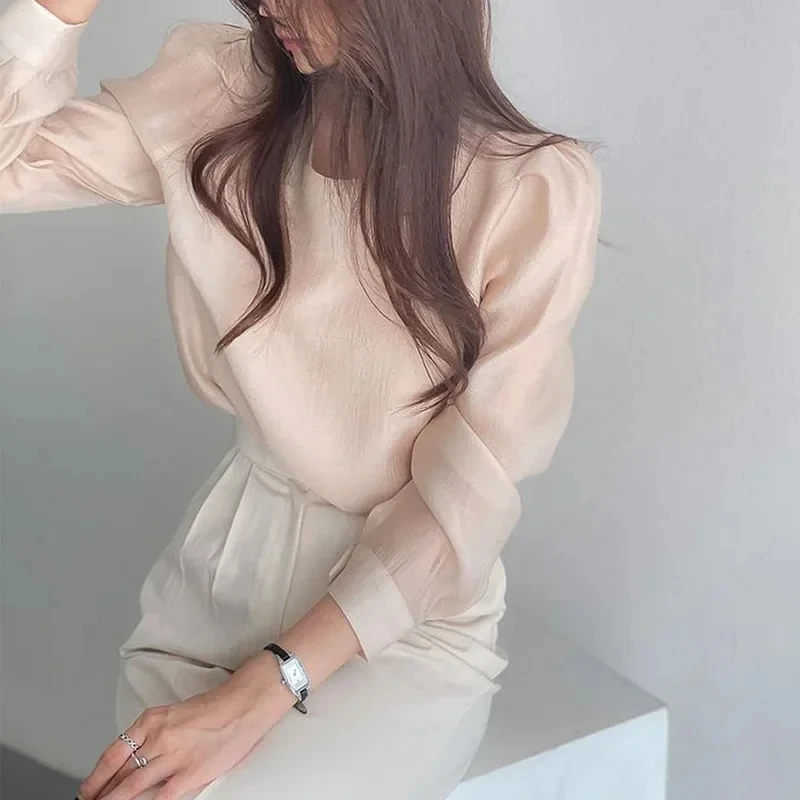 Spring Summer Fenimine Korea Chic Tops Blusas Women Fashion Long Sleeve Solid Sheer Mesh Shirt Blouses