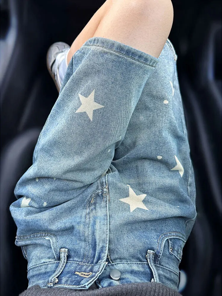 

Summer New Women's Wide Leg Jeans High Waist Printed Star Loose Fit Slim Straight Five-Quarter Length Casual Comfortable
