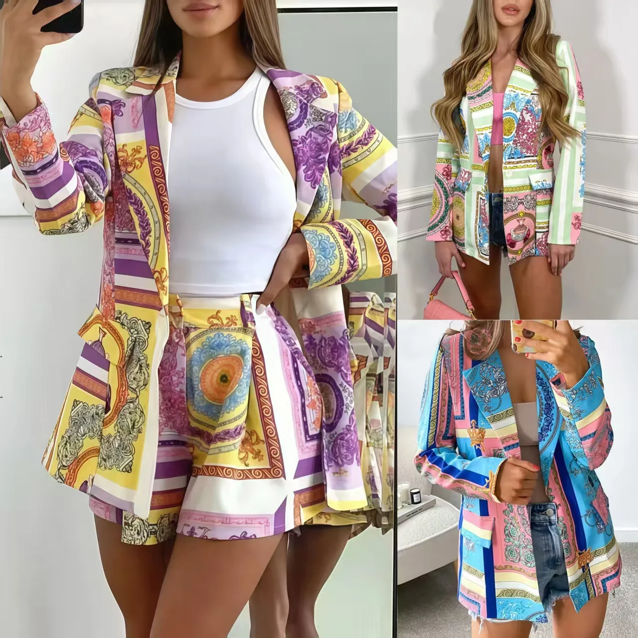 

Faionable Ladies' Mid-Length Printed Suit Casual Sle Thiened Polyester Fabric No Ironing Required Ele Women's Coat