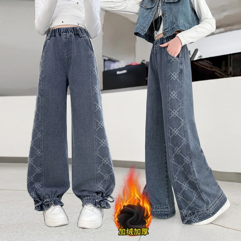 Girls' Footed Denim Jeans Convertible Jeans Color Block Splicing Youth Winter Long Pants Suitable for Ages 7-14.Autumn Pants