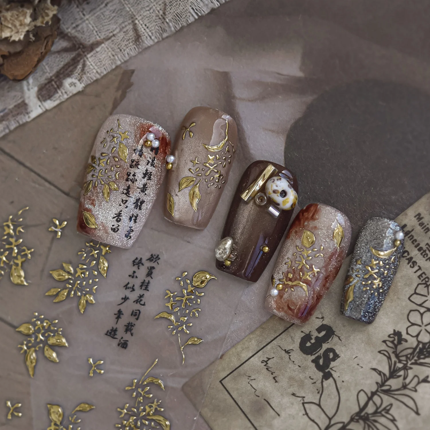 New Chinese Aesthetic 5D Nail Stickers Autumn Gold Foil Osmanthus Branches Flower Clusters Traditional Calligraphy Poetry Decal