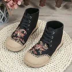 2024 NEW New Embroidered Linen Casual Shoes Simple Versatile Mid-Top Booties Fashion Lace-Up Craft Cloth Shoes Womens Shoes