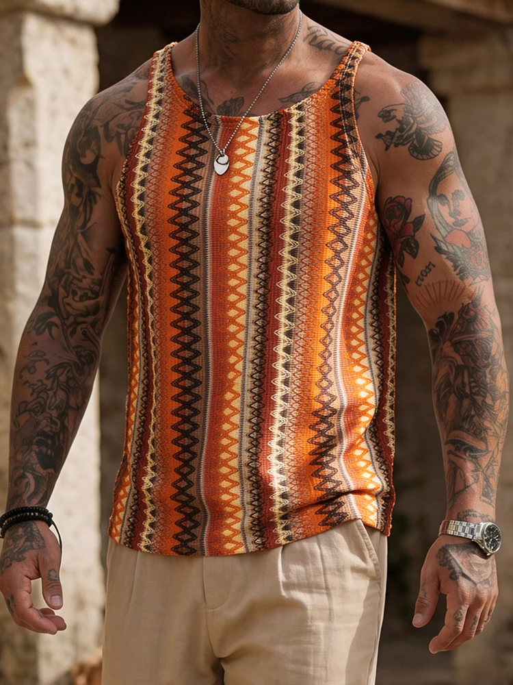 2026 Summer New Casual Mens Knit Tank Tops Vintage Striped Crochet Hollow Out Camisoles Men Leisure Breathable Sleeveless Vest